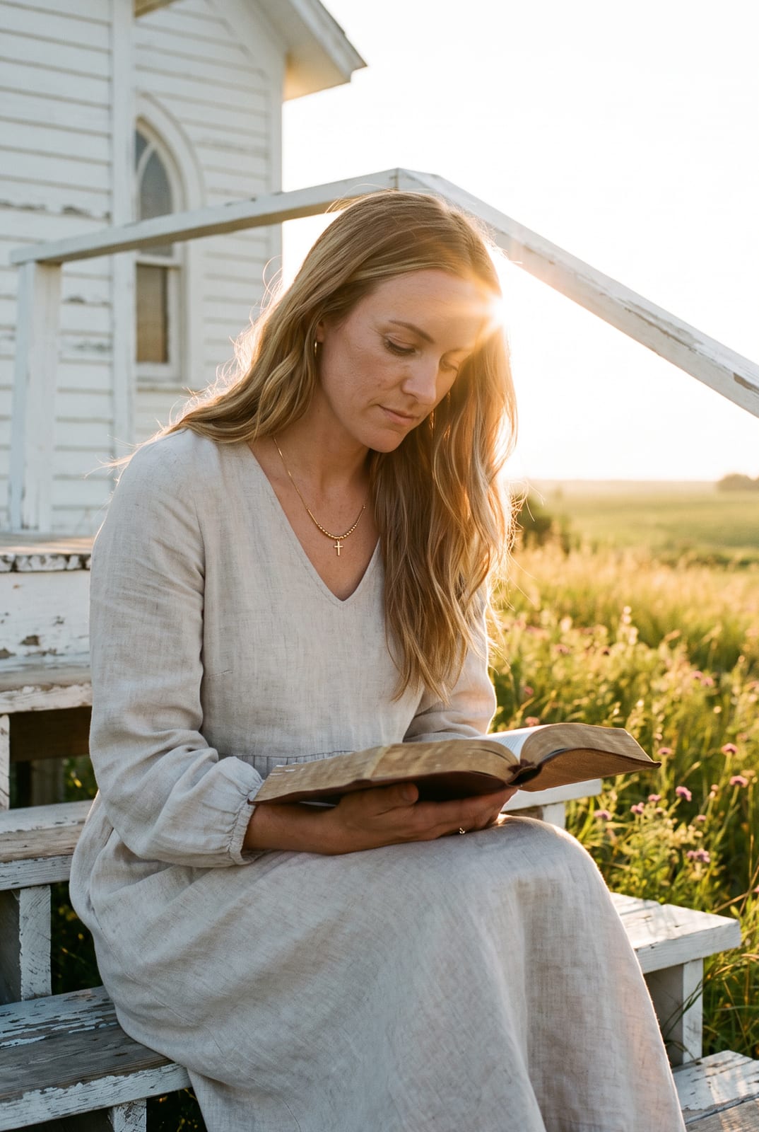 A woman reading her Bible on the steps of a country church at golden hour, wearing the Hidden Prayer necklace