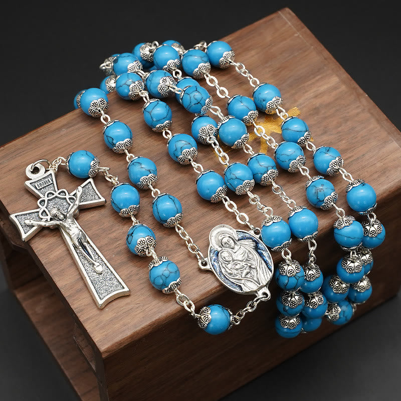Blue Turquoise Christ Prayer Rosary with Mary & Baby Jesus Medal