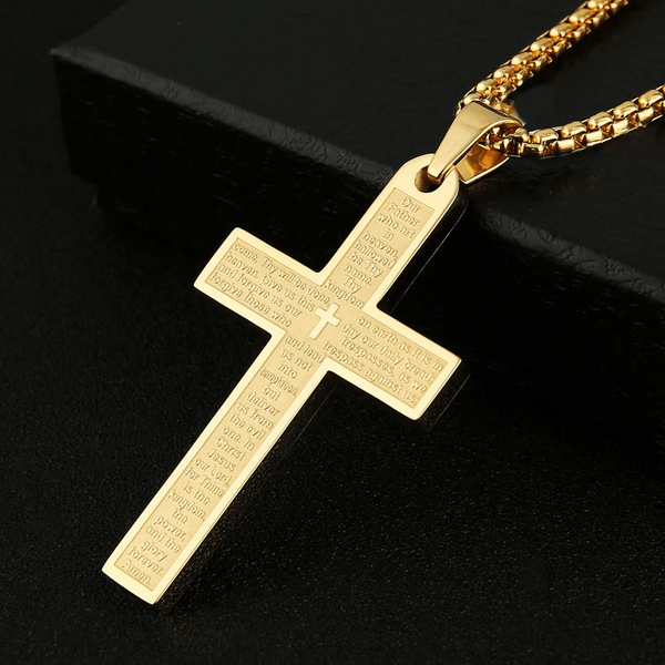 Stainless Steel Lord's Prayer Pendant Cross Necklace