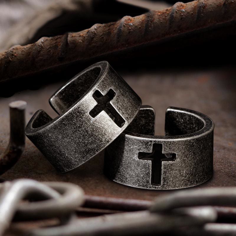 Stainless Steel Antique Punk HeavySaint Cross Ring