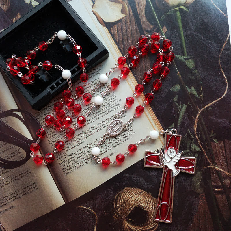 IHS Holy Spirit Dove Cross Pendant Red Beads Rosary