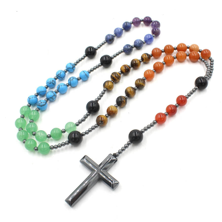 Hematite Cross Christian Religious Seven Stones Rosary