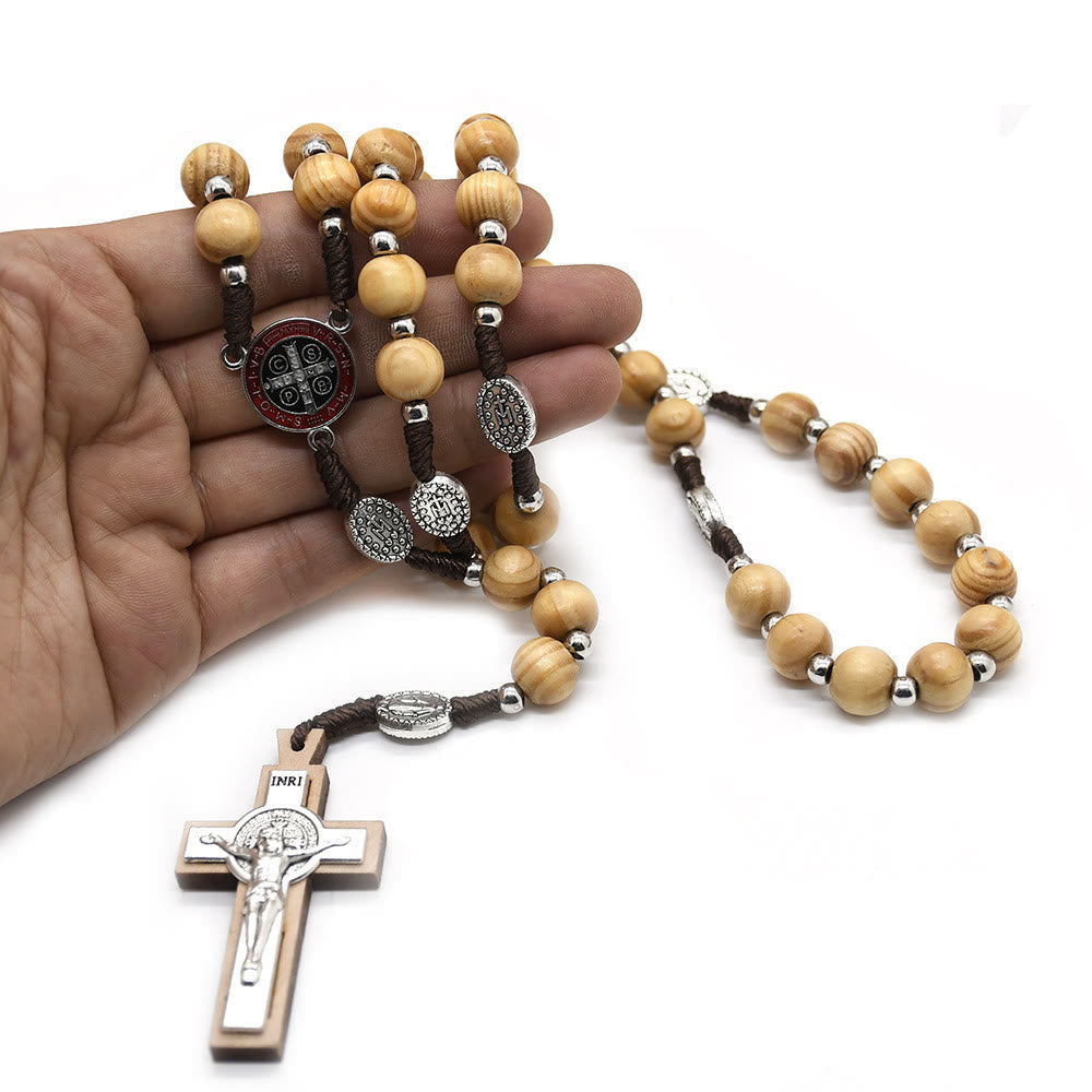 Catholic Crucifix Jesus St. Benedict Weave Pine Wood Beads Rosary