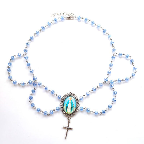 Miraculous Mary Image Glass Pendant Blue Crystal Clavicle Chain