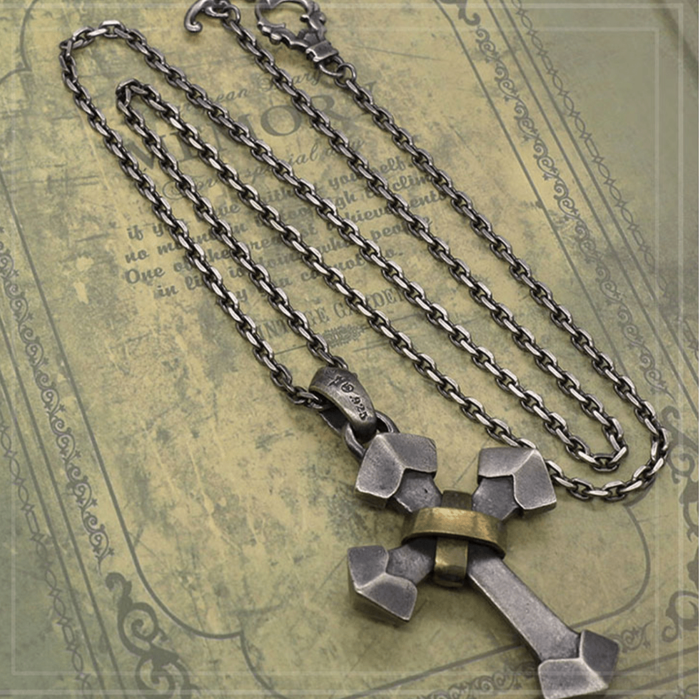 925 Sterling Silver Retro Style Heavy Metal Cross Pendant Necklace