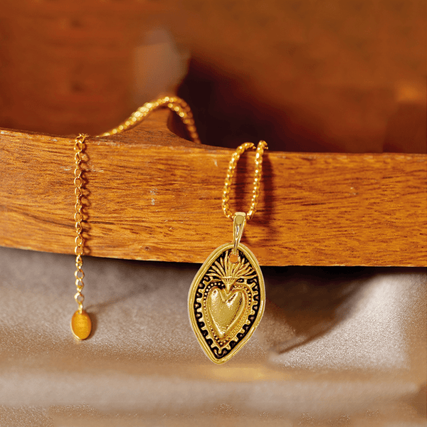 24K Copper Gold Plated Retro Style Heart Shield Handmade Pendant Necklace