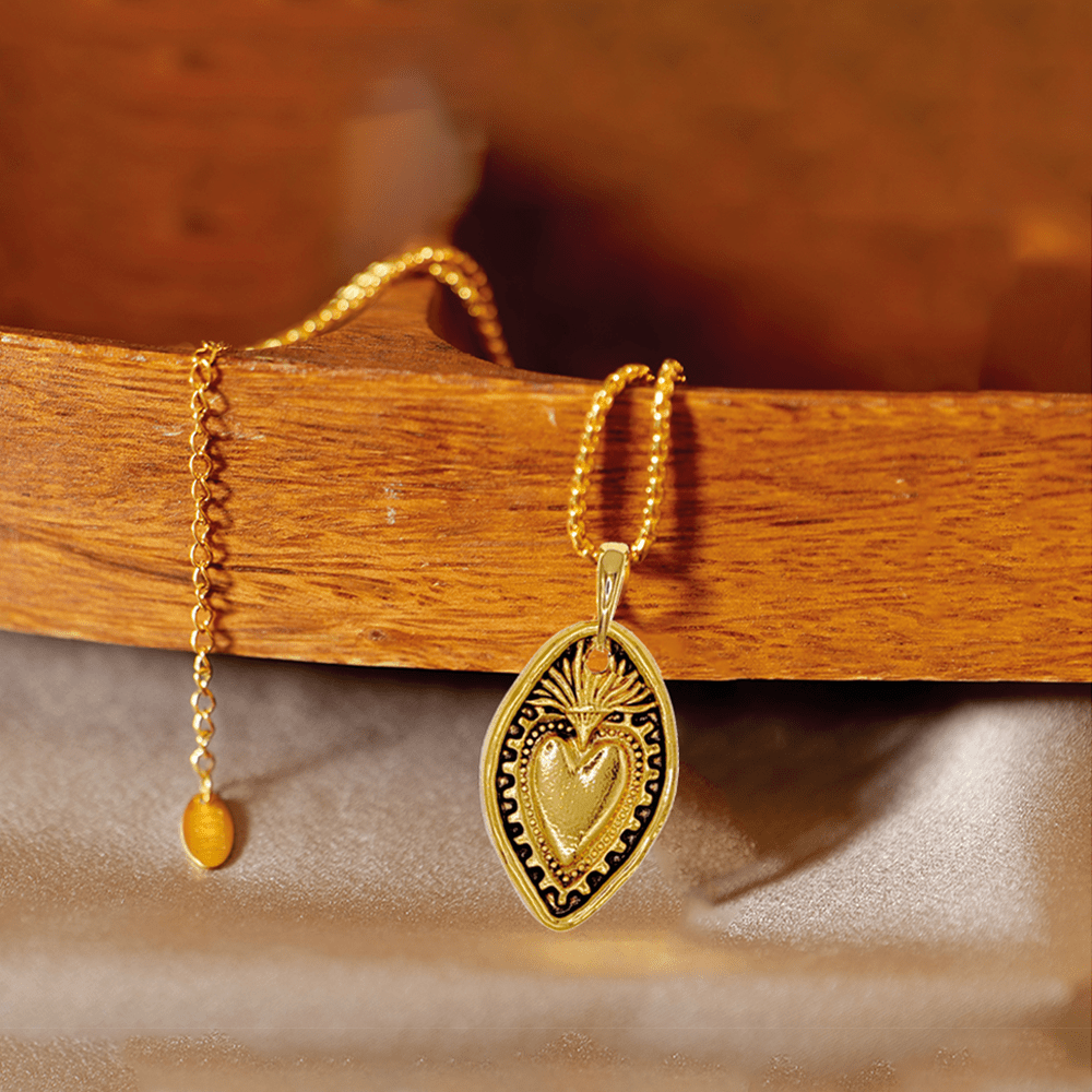24K Copper Gold Plated Retro Style Heart Shield Handmade Pendant Necklace