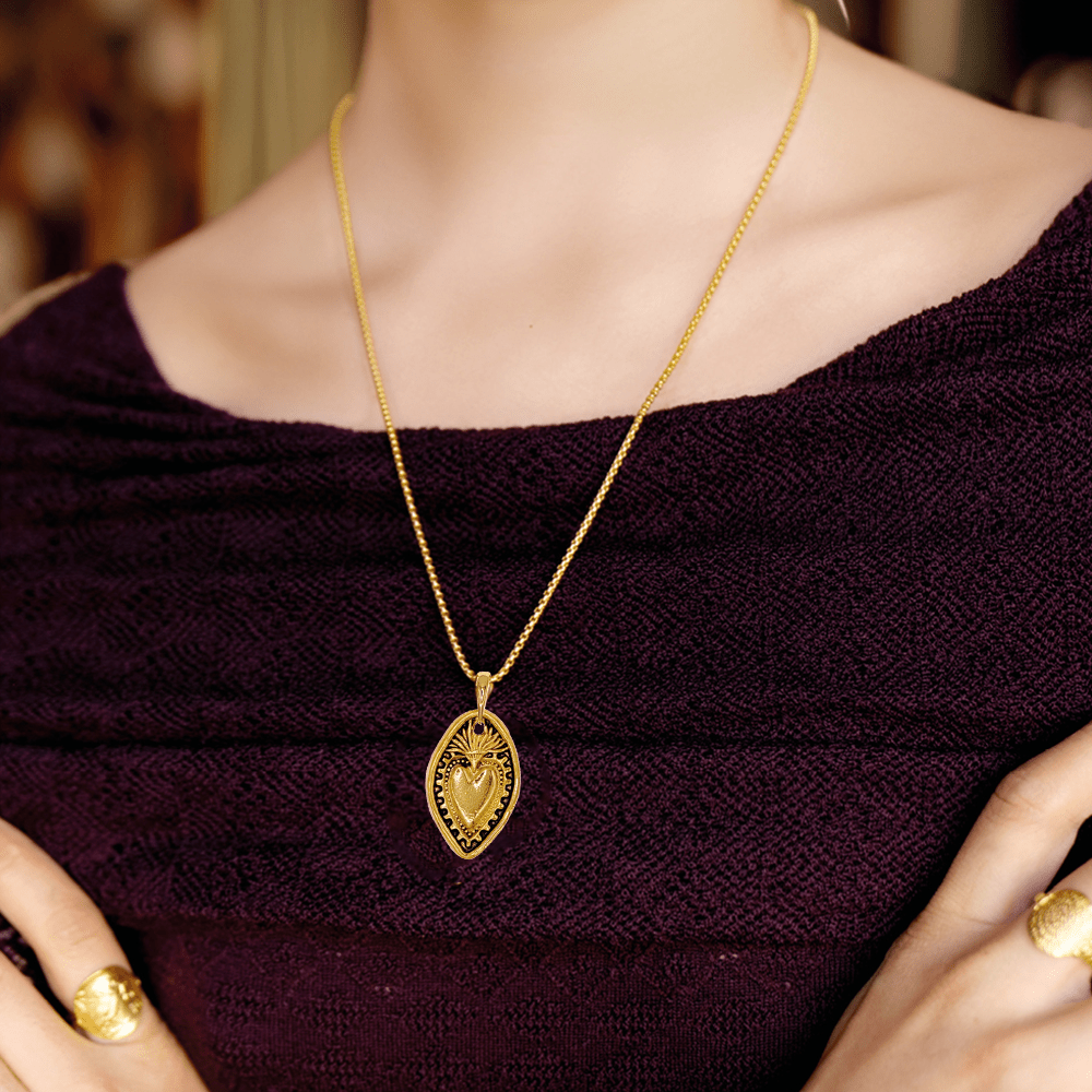 24K Copper Gold Plated Retro Style Heart Shield Handmade Pendant Necklace