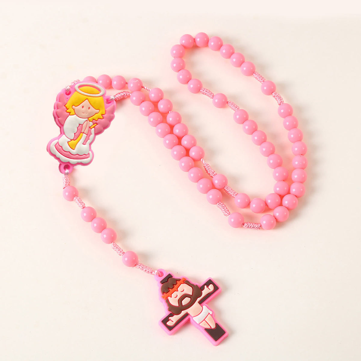 Guardian Angel & Crucifix of 8 mm Round Pink/Blue Acrylic Nylon Cord Child Rosary