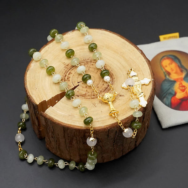 Holy Grail & Crucifix with Eucharistic of 5*8 mm Round Green Chalcedony Alloy Chain Rosary