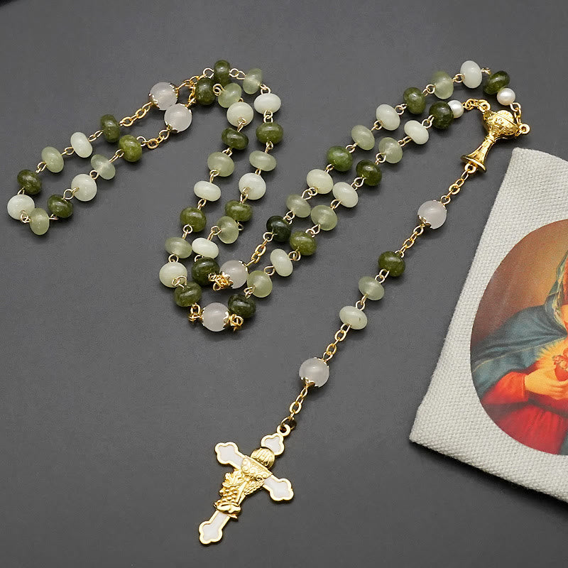 Holy Grail & Crucifix with Eucharistic of 5*8 mm Round Green Chalcedony Alloy Chain Rosary