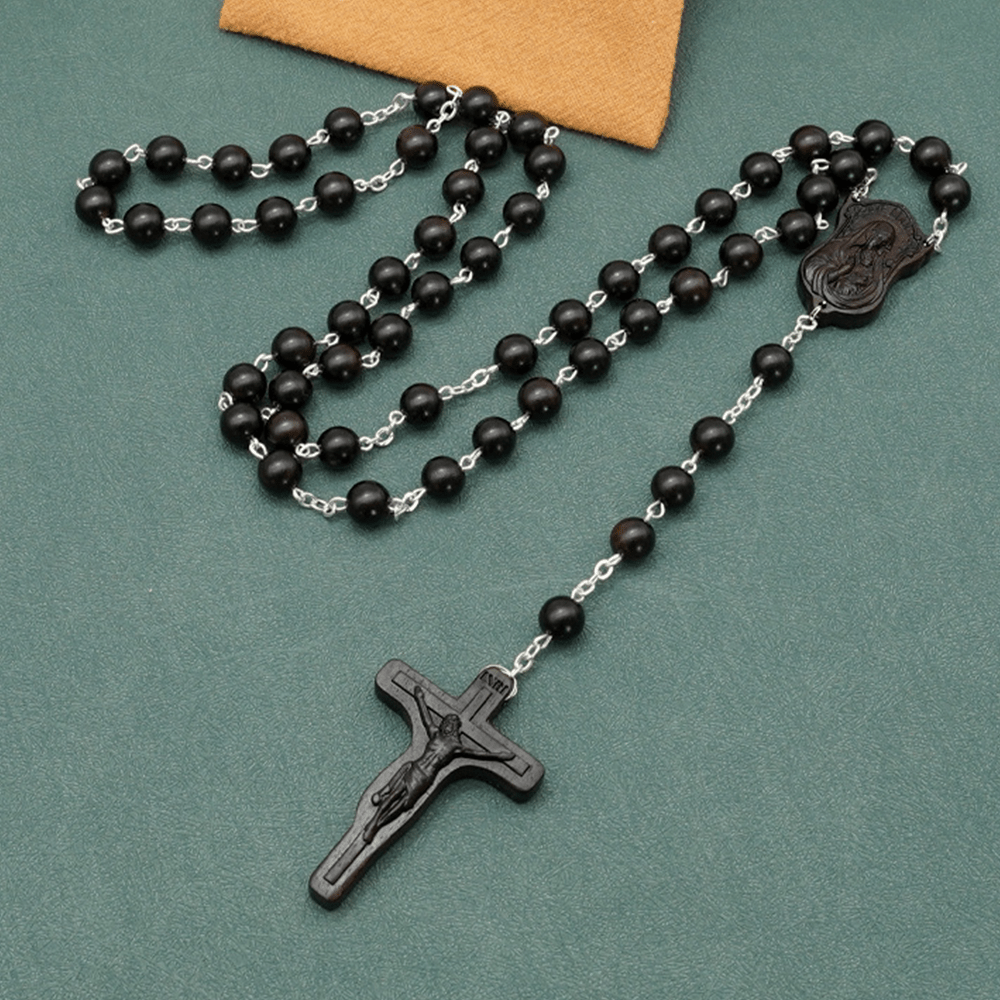 Madonna and Child & Crucifix of 8 mm Round Multicolor Olive Wood Alloy Chain Rosary