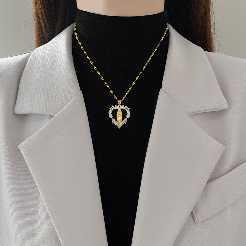 Luxury Style Heart-shaped Gemstone Encrusted Our Lady of Guadalupe Pendant Necklace