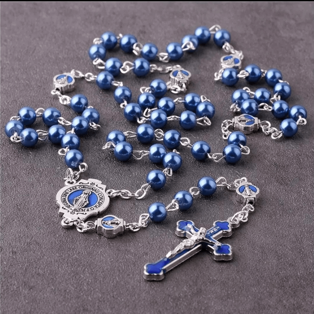 Miraculous Medal & Crucifix of 6 mm Round Blue Glass Alloy Chain Rosary