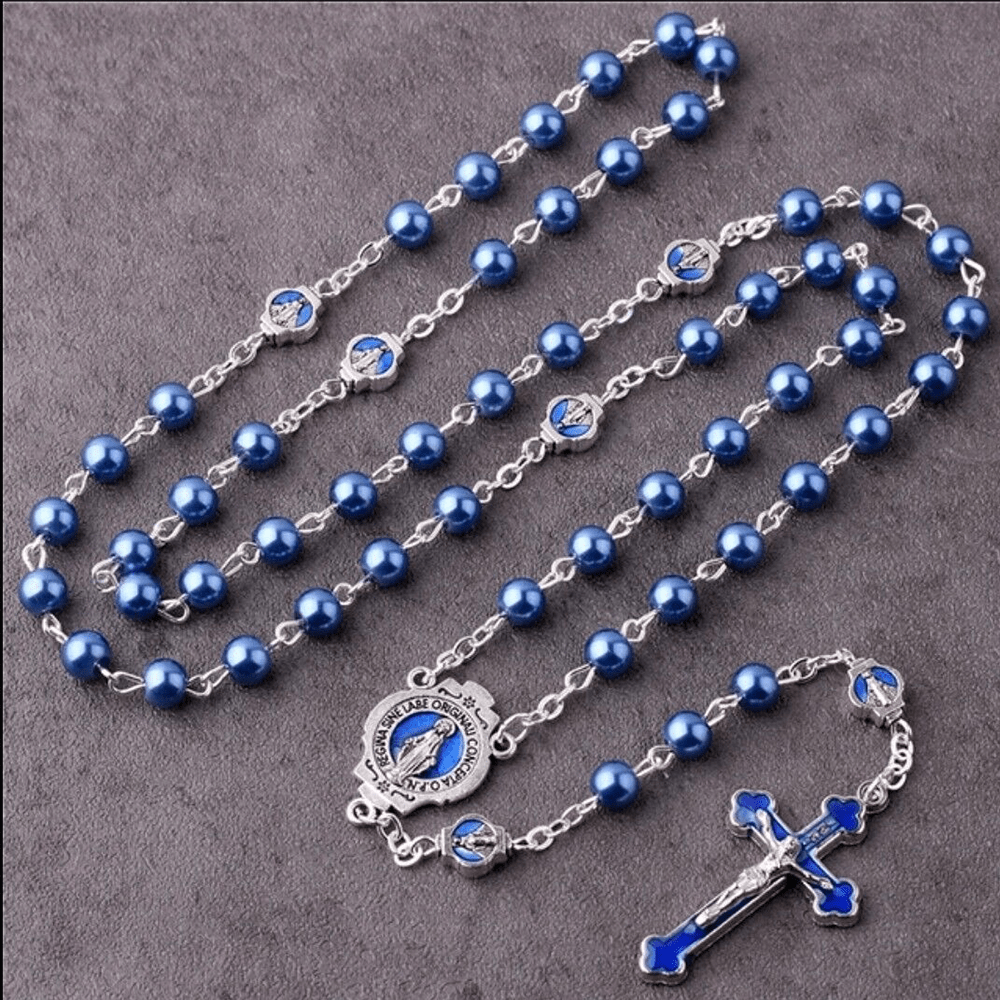 Miraculous Medal & Crucifix of 6 mm Round Blue Glass Alloy Chain Rosary