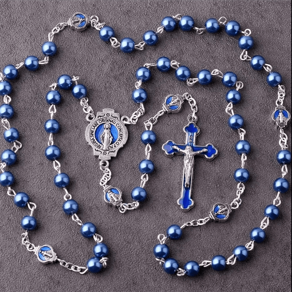 Miraculous Medal & Crucifix of 6 mm Round Blue Glass Alloy Chain Rosary