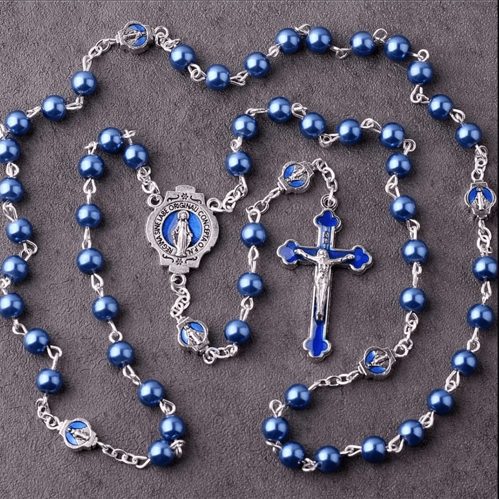 Miraculous Medal & Crucifix of 6 mm Round Blue Glass Alloy Chain Rosary