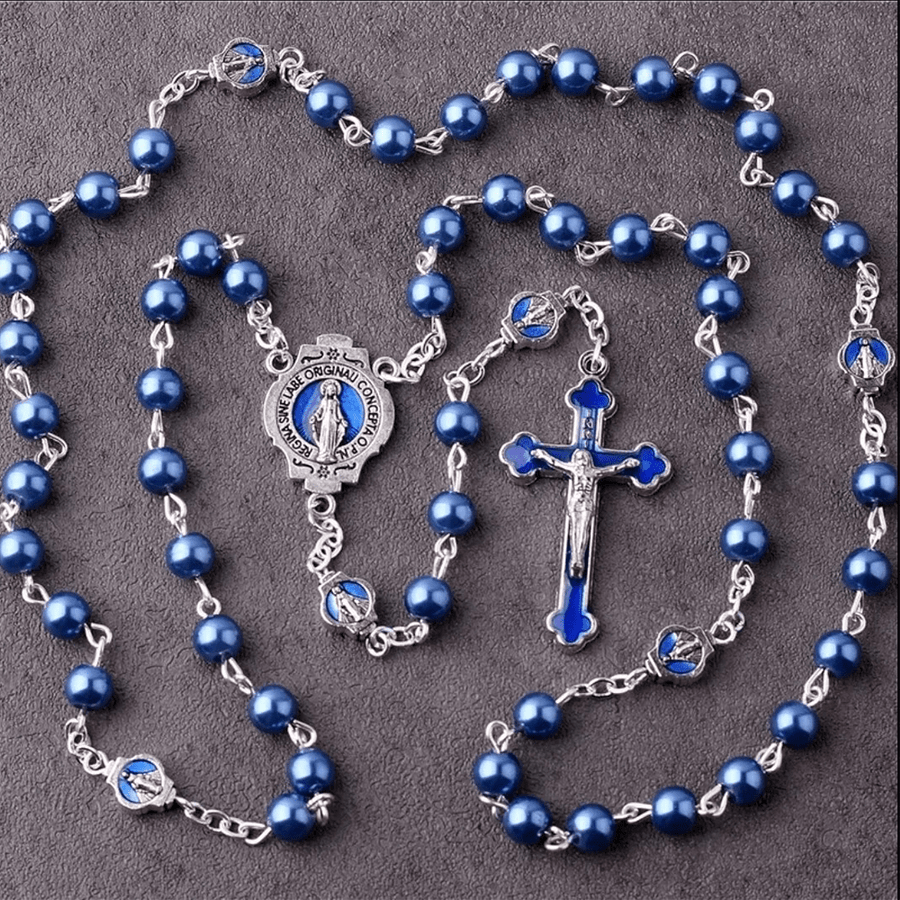 Miraculous Medal & Crucifix of 6 mm Round Blue Glass Alloy Chain Rosary