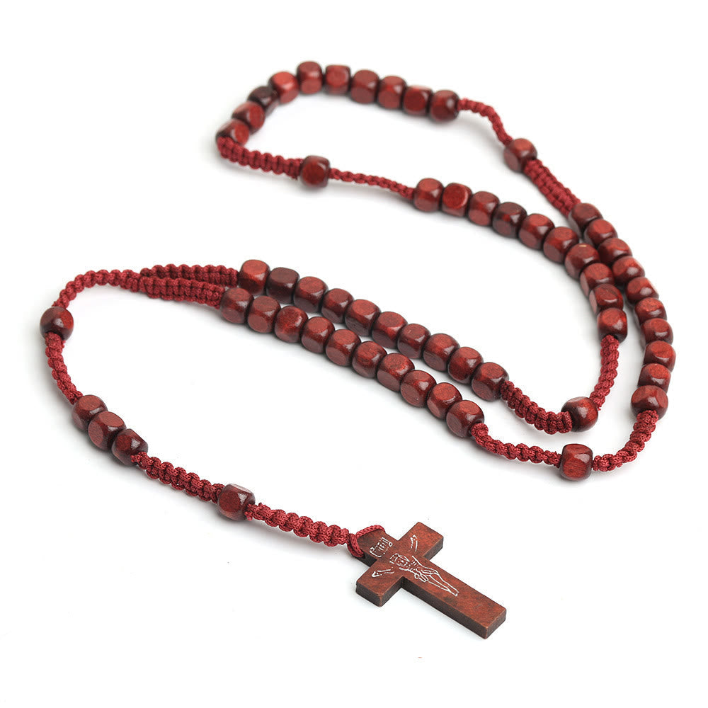 Crucifix of 8 mm Square Multicolor Wood Nylon Cord Rosary(3 COLOR)