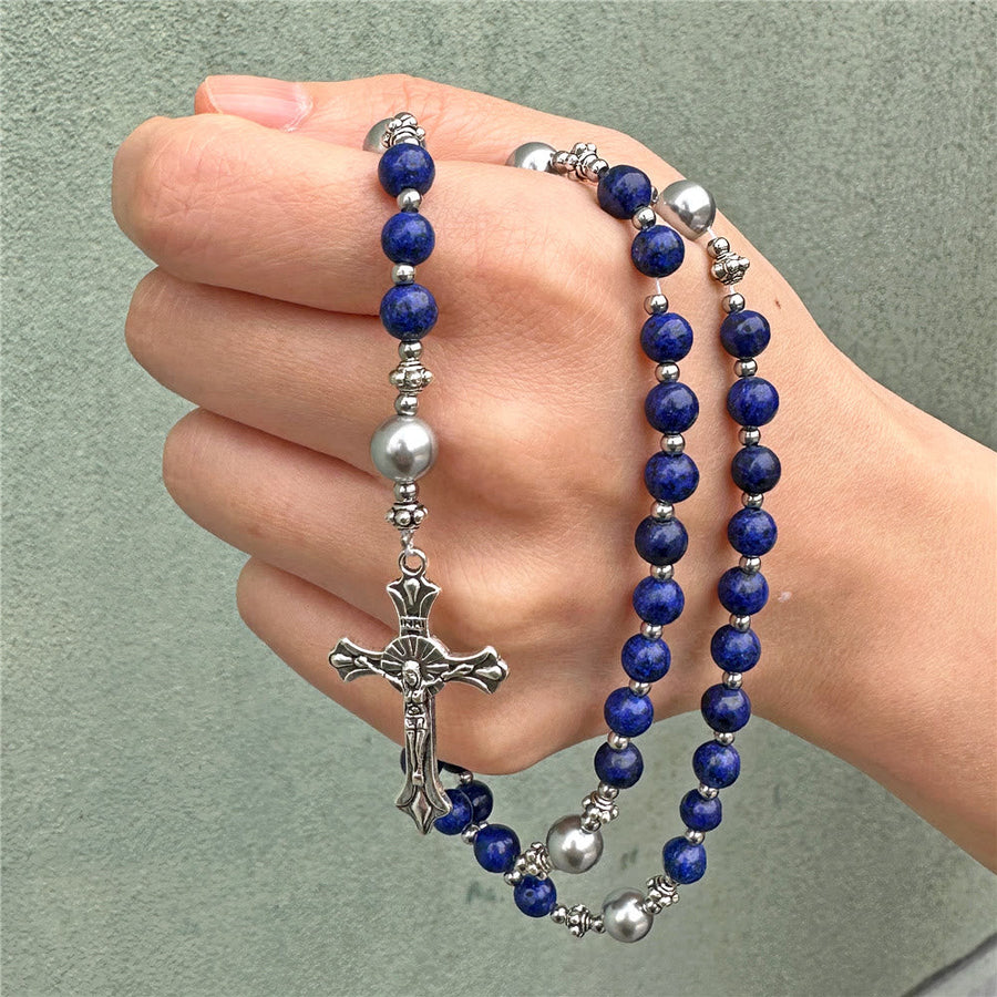 Natural Stone & Pearl Our Lady Medal Prayer Rosary