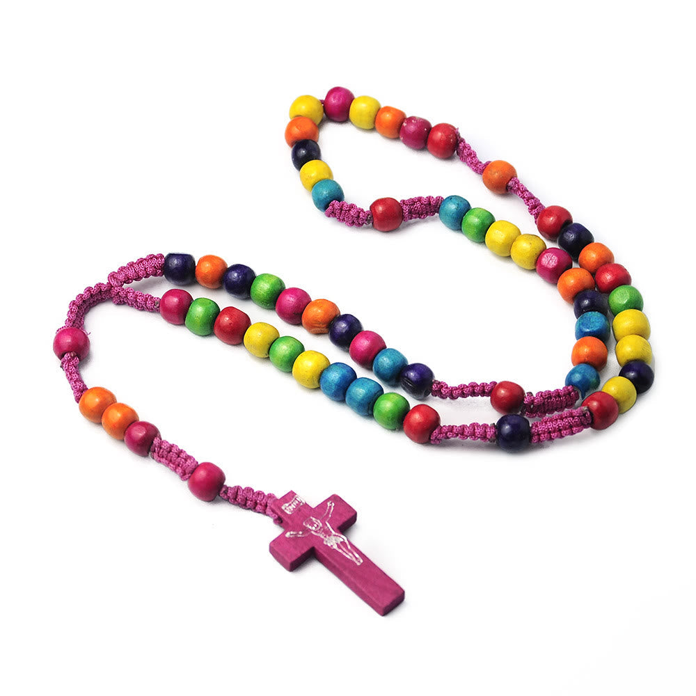 Crucifix of 8 mm Round Multicolor Wood Nylon Cord Rosary