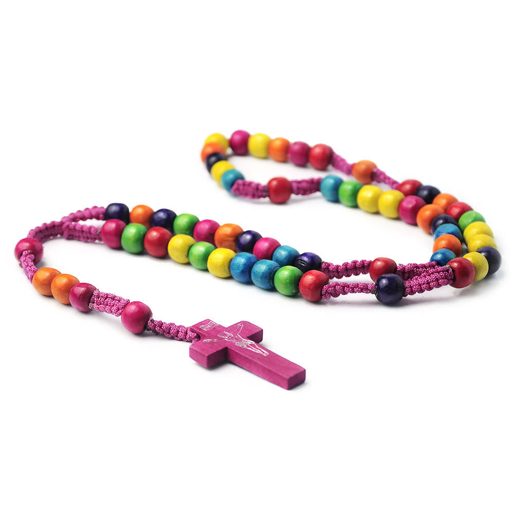 Crucifix of 8 mm Round Multicolor Wood Nylon Cord Rosary