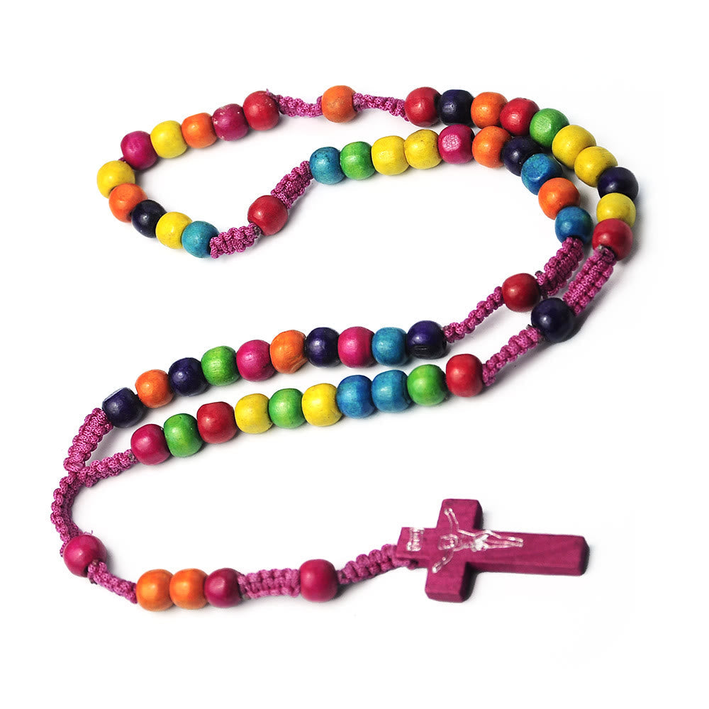 Crucifix of 8 mm Round Multicolor Wood Nylon Cord Rosary