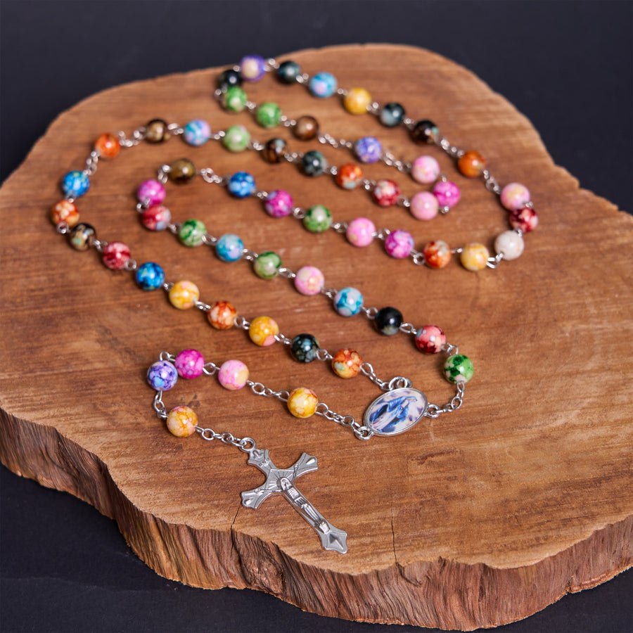 Assumption of Our Lady & Crucifix of 8 mm Round Multicolor Acrylic Alloy Chain Rosary