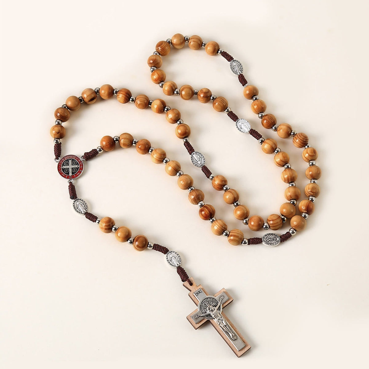 Miraculous Medal & St. Benedict Medal & Crucifix of 10 mm Round Brown Wood Nylon Cord Rosary