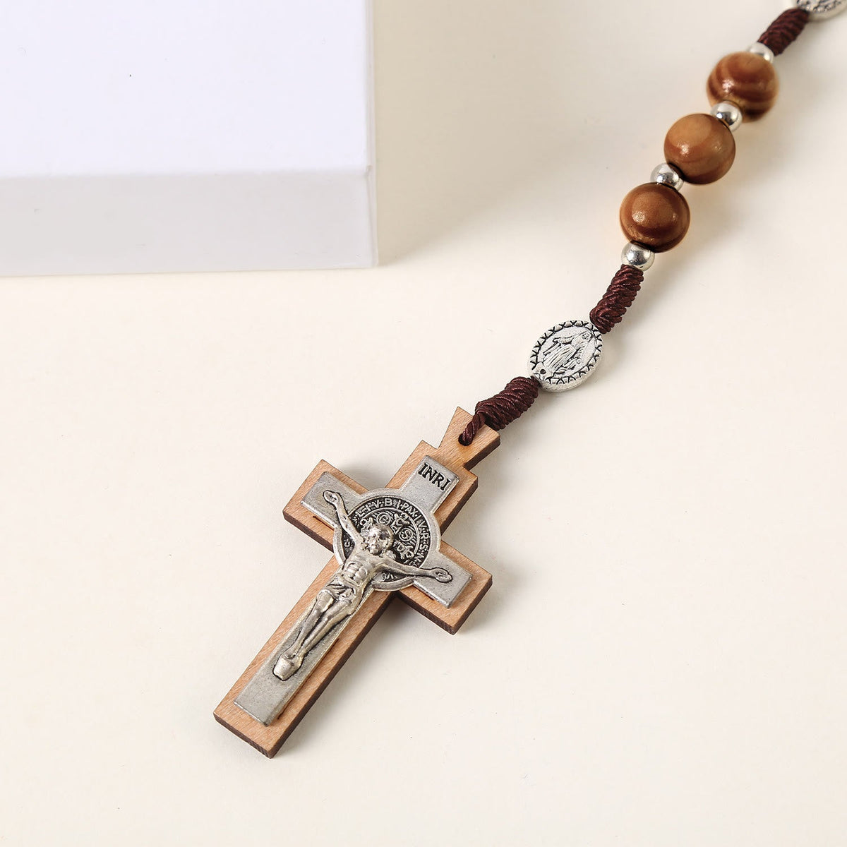 Miraculous Medal & St. Benedict Medal & Crucifix of 10 mm Round Brown Wood Nylon Cord Rosary
