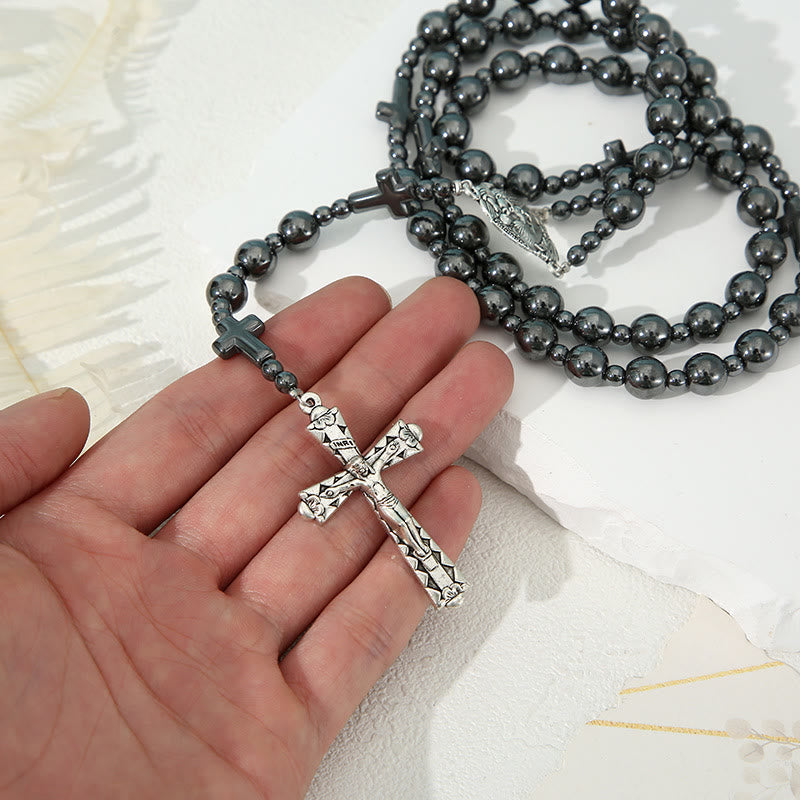 Holy Family & Crucifix of 8 mm Round Black Gallstone Nylon Cord Rosary