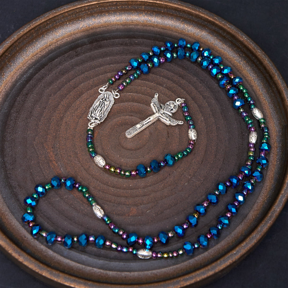 Our Lady of Guadalupe & Trinity Cross of 4*6 mm Polyhedron Blue Crystal Nylon Cord Rosary
