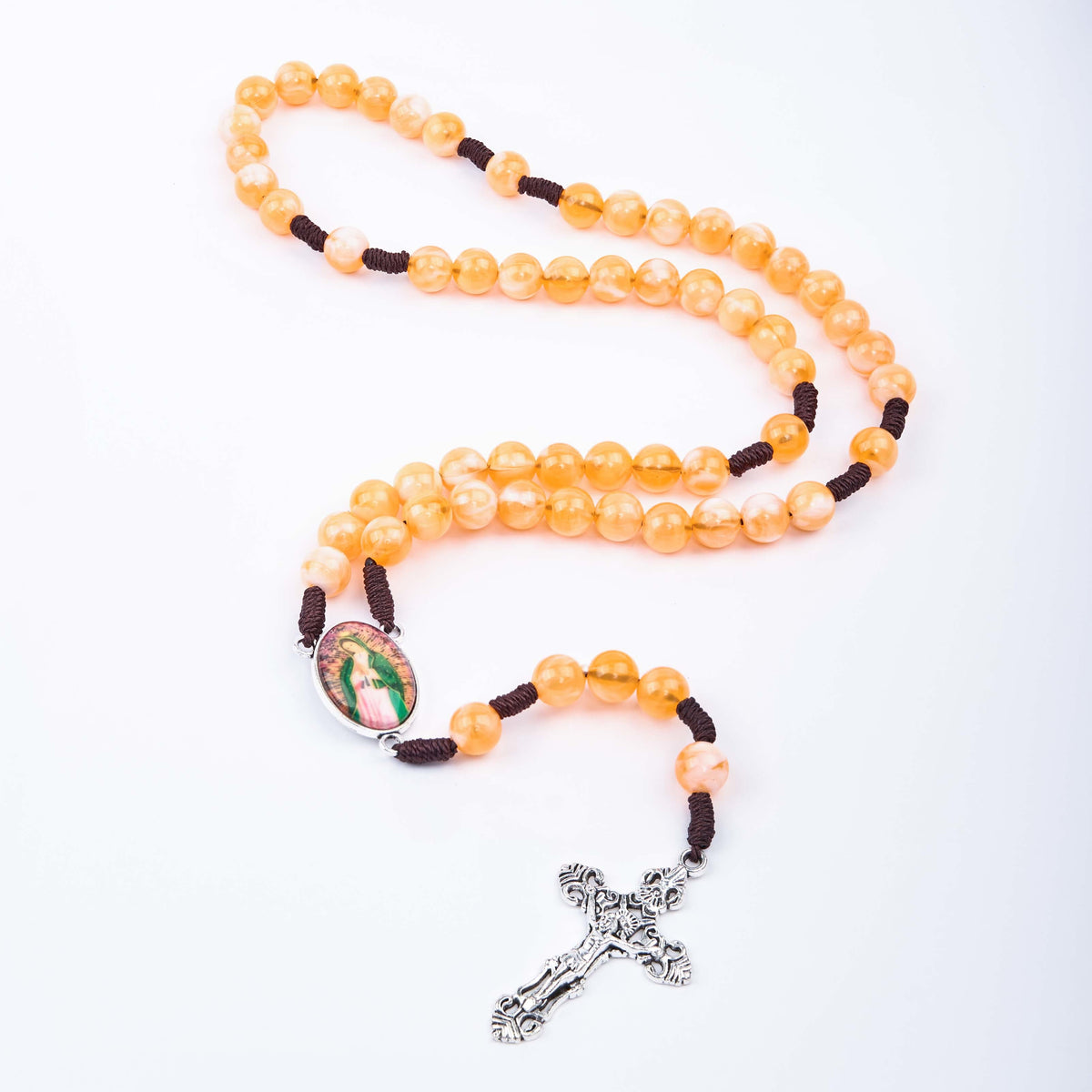 Our Lady of Guadalupe & Crucifix of 10 mm Round Orange Acrylic Nylon Cord Rosary
