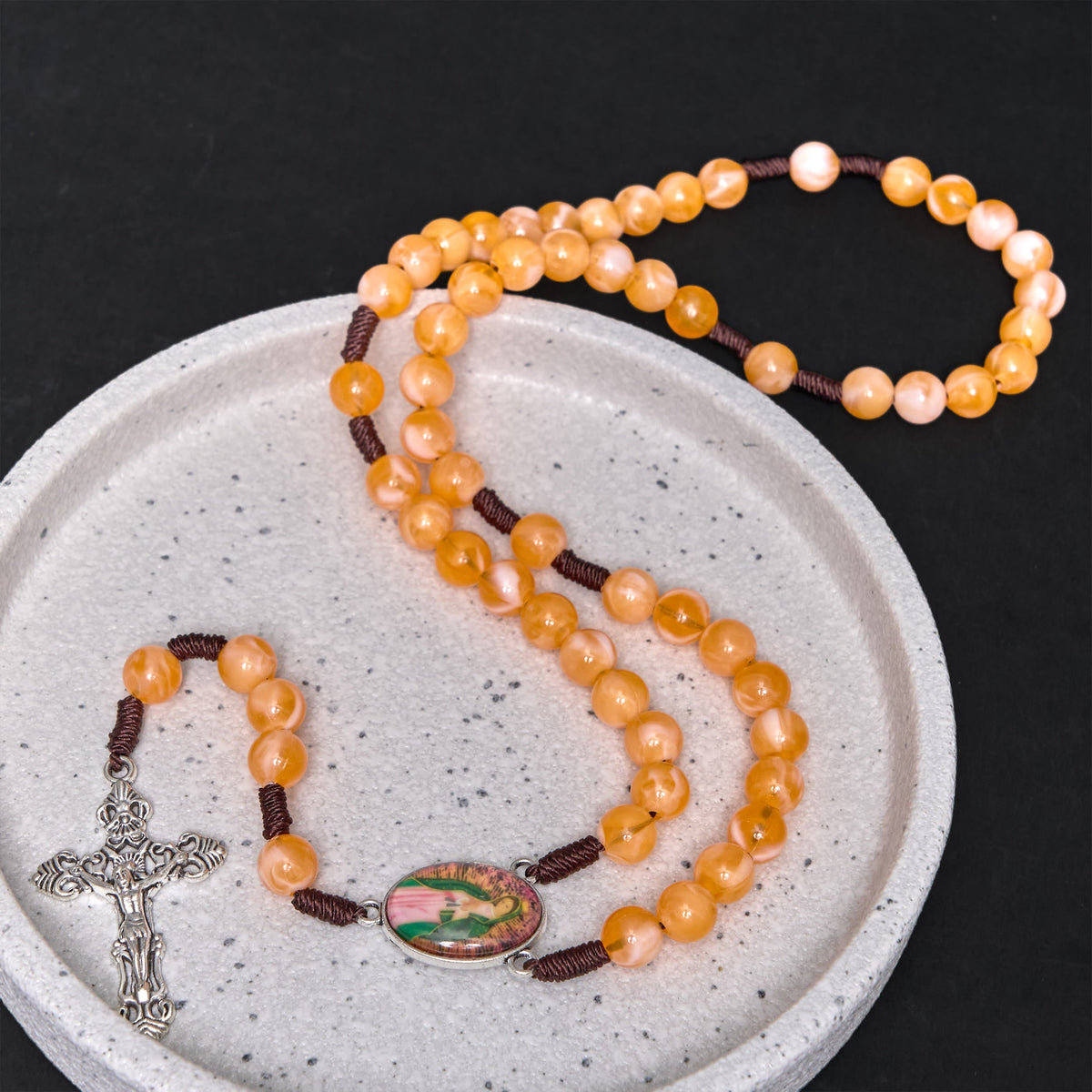 Our Lady of Guadalupe & Crucifix of 10 mm Round Orange Acrylic Nylon Cord Rosary