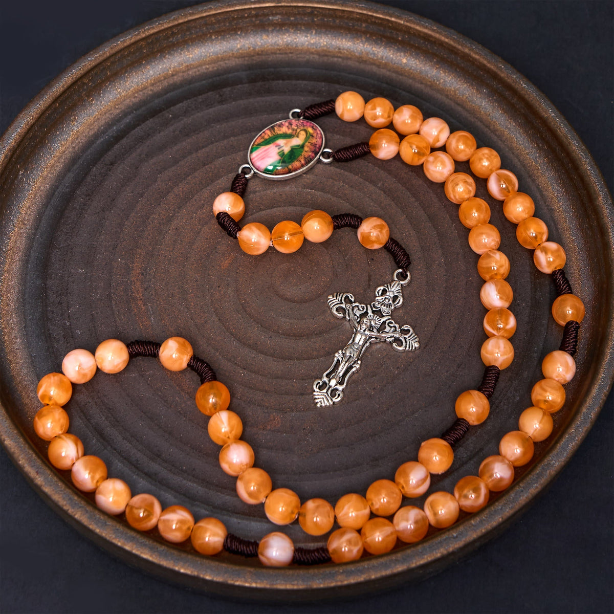Our Lady of Guadalupe & Crucifix of 10 mm Round Orange Acrylic Nylon Cord Rosary