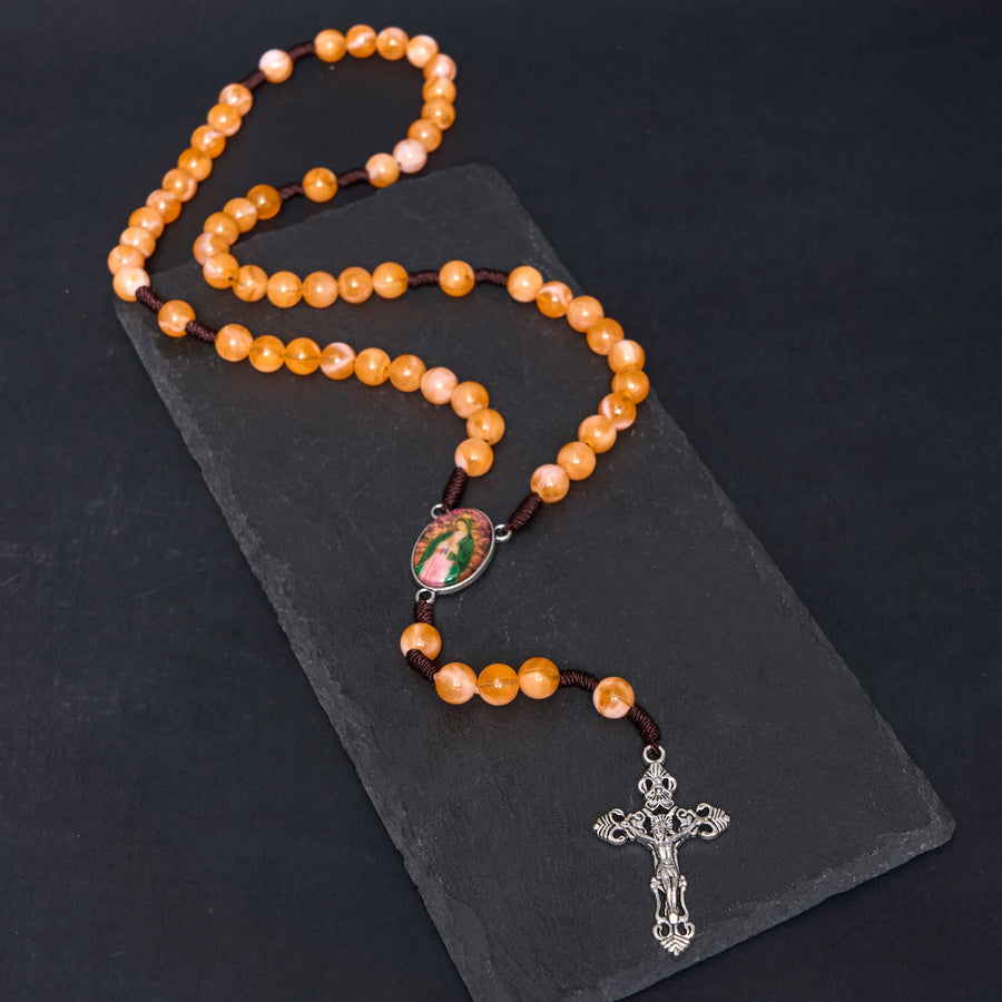 Our Lady of Guadalupe & Crucifix of 10 mm Round Orange Acrylic Nylon Cord Rosary