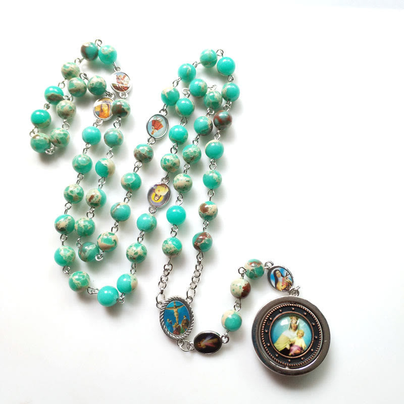 Crucifix & Madonna and Child of 8 mm Round Green Snakeskin Stone Alloy Chain Rosary