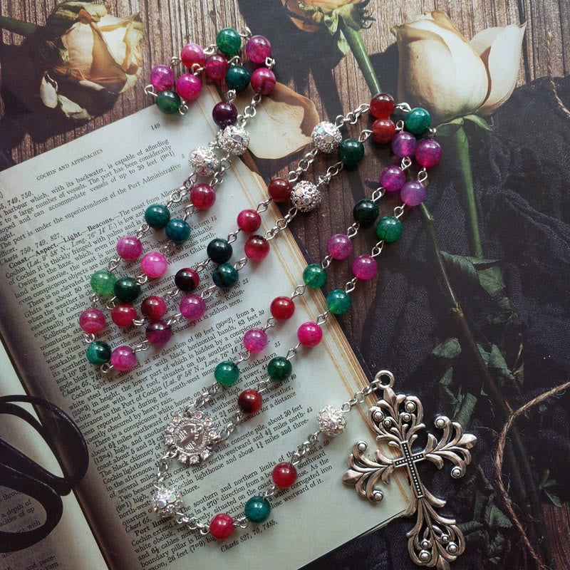 St. Benedict Medal & Cross of 8 mm Round Multicolor Natural Tourmaline Agate Alloy Chain Rosary