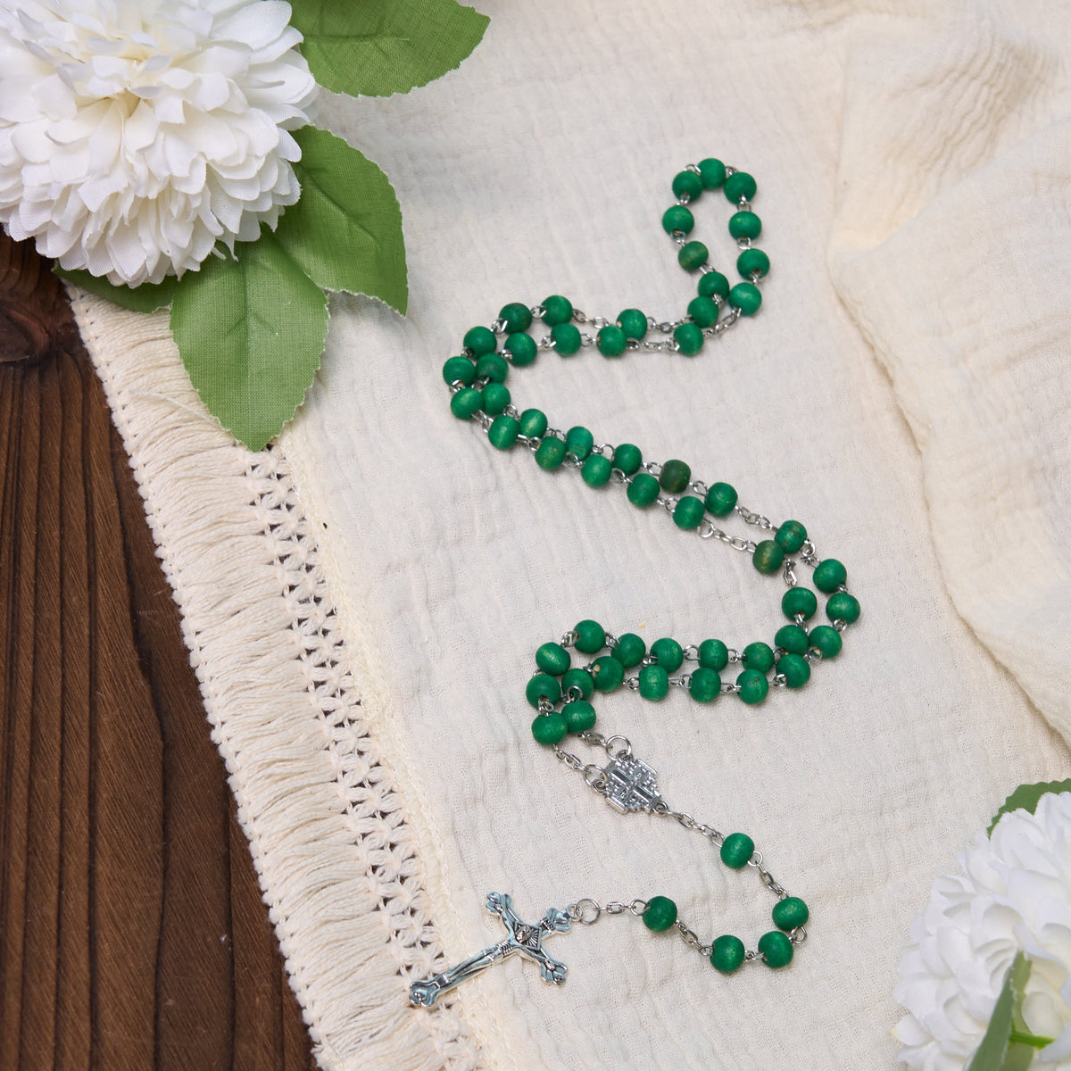 Jerusalem Medal & Crucifix of 7 mm Round White Rosewood Alloy Chain Rosary