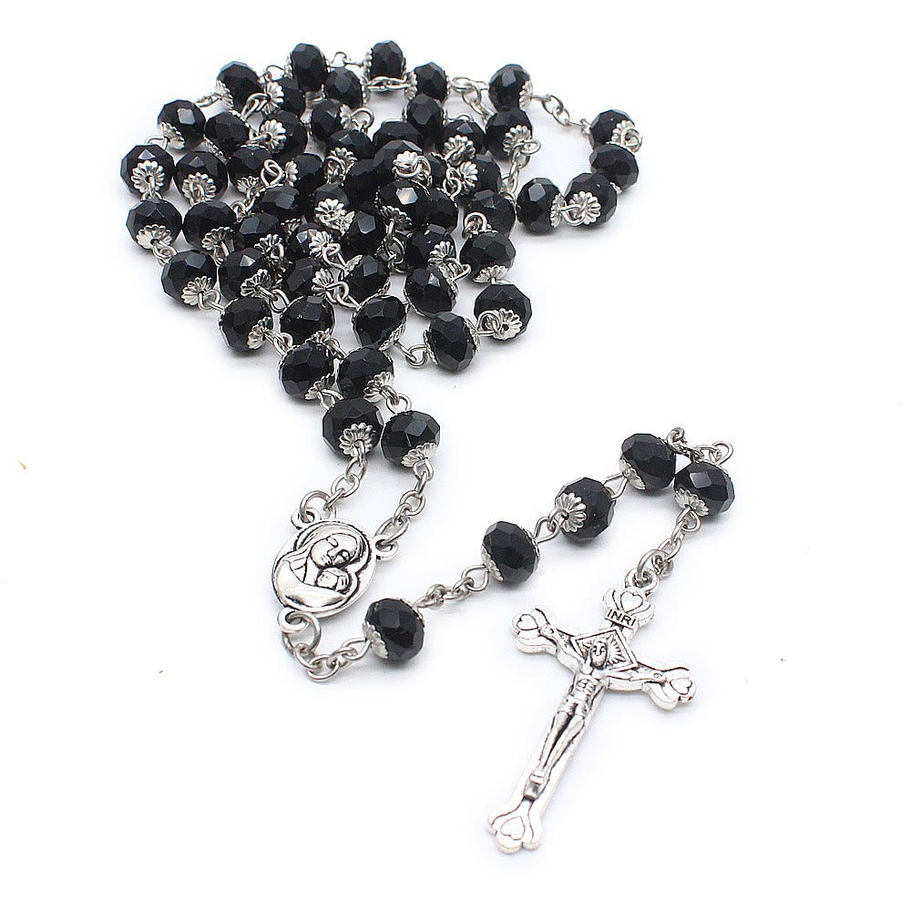 Madonna and Child & Crucifix of 6*8 mm Polyhedron Multicolor Glass Alloy Chain Rosary