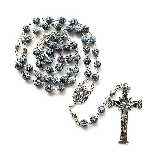 Miraculous Medal & Crucifix of 8 mm Round Blue Weathered Agate Alloy Chain Rosary