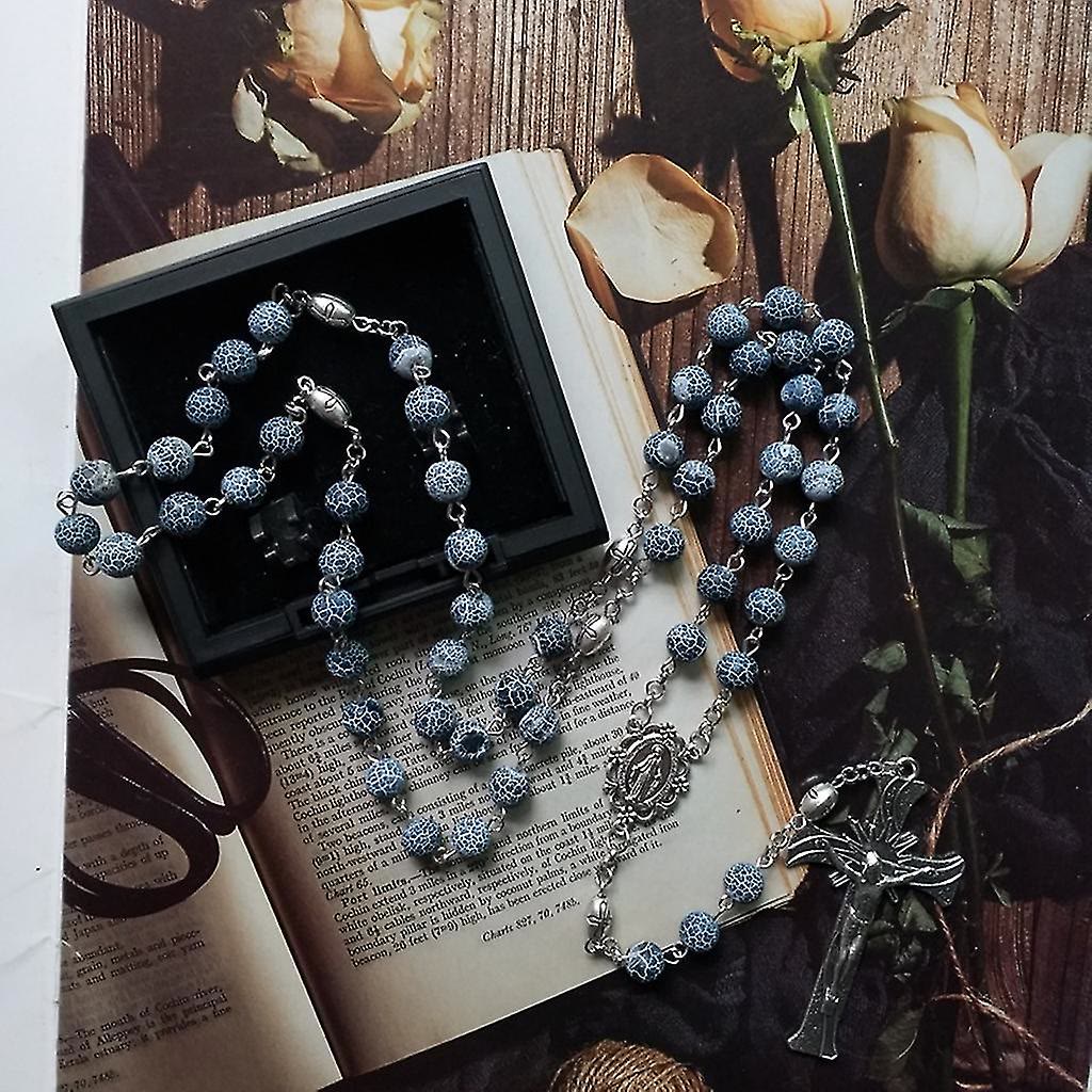 Miraculous Medal & Crucifix of 8 mm Round Blue Weathered Agate Alloy Chain Rosary