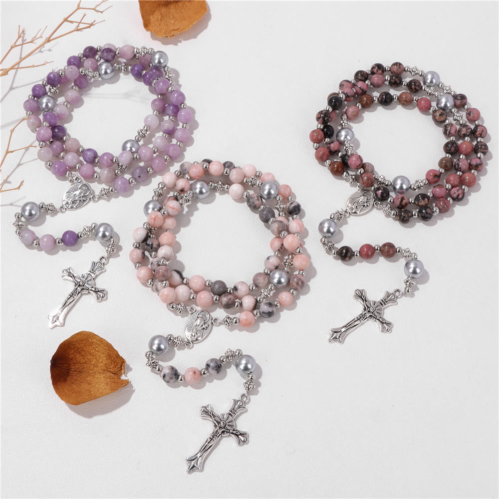 Natural Stone & Pearl Our Lady Medal Prayer Rosary