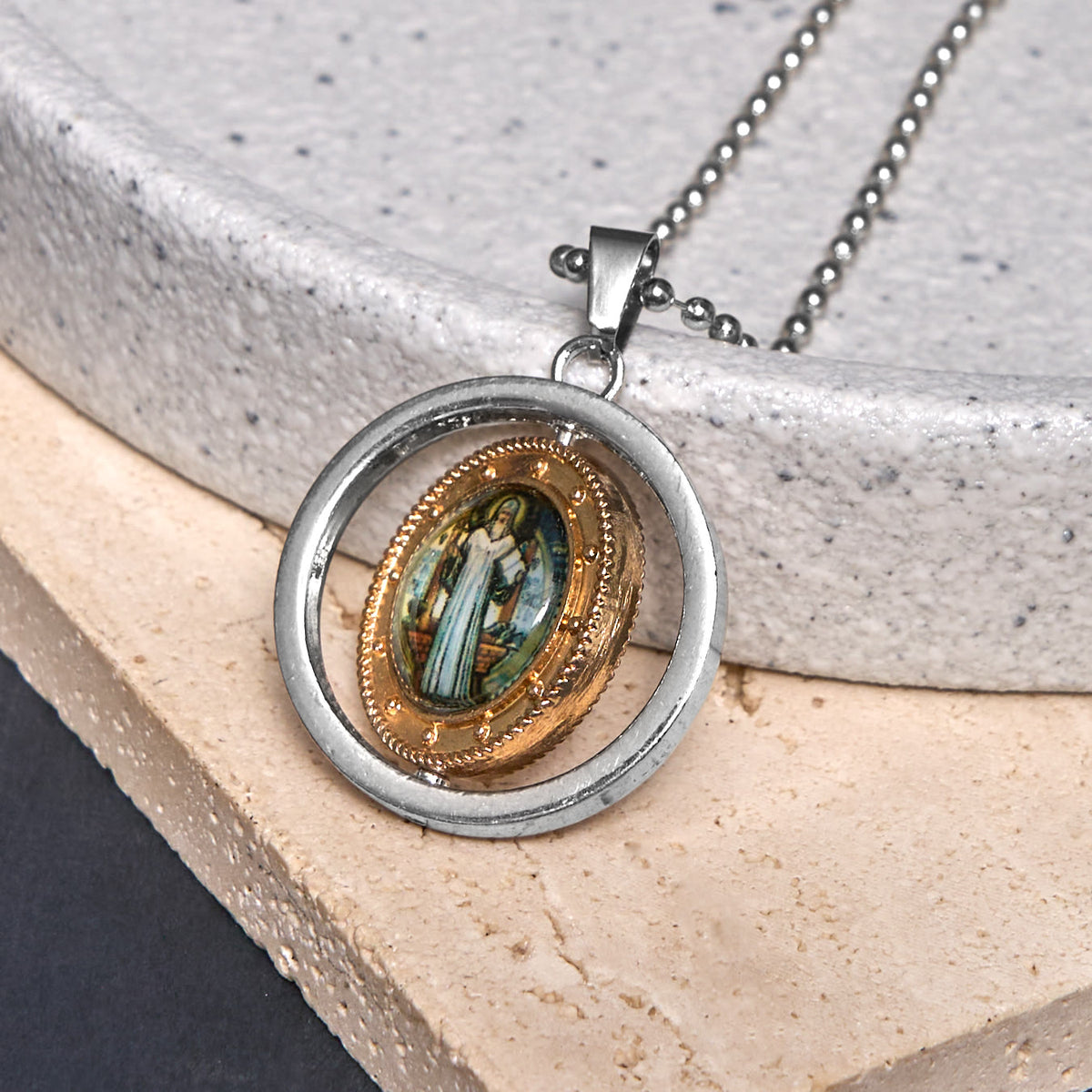 Retro Style Jesus St. Benendict Vrigin Mary Icon Rotating Pendant Necklace