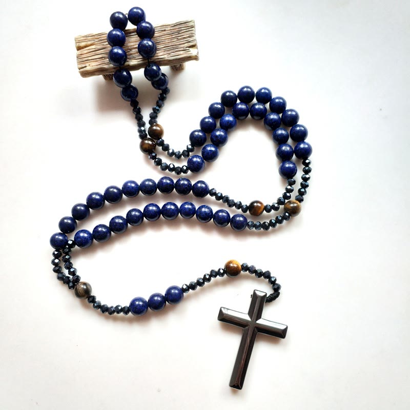 Cross of 4*8 mm Round Blue Hematite Bluestone Nylon Cord Rosary