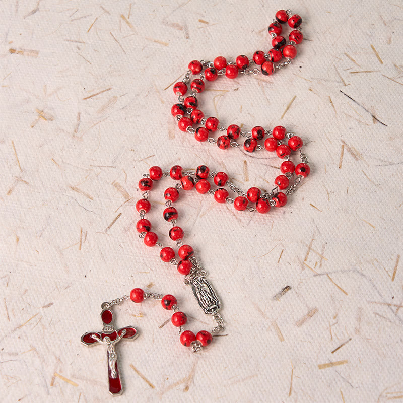 Our Lady of Guadalupe & Crucifix of 8 mm Round Red Ceramics Alloy Chain Rosary