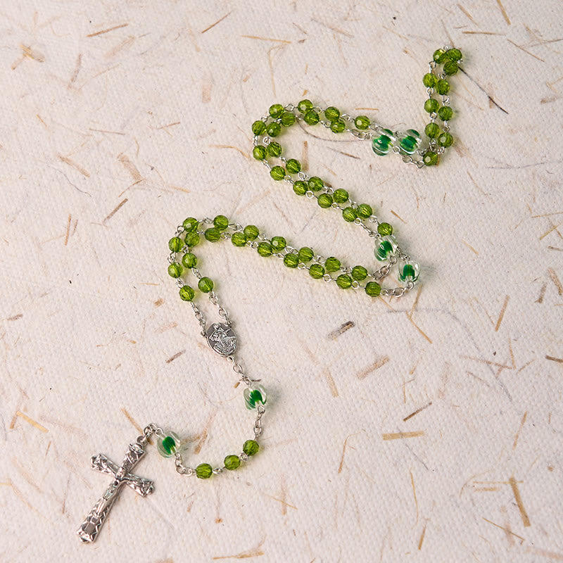 Assumption of Virgin Mary & Crucifix of 6 mm Polyhedron Green Crystal Alloy Chain Rosary