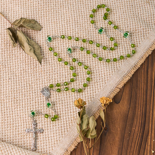 Assumption of Virgin Mary & Crucifix of 6 mm Polyhedron Green Crystal Alloy Chain Rosary