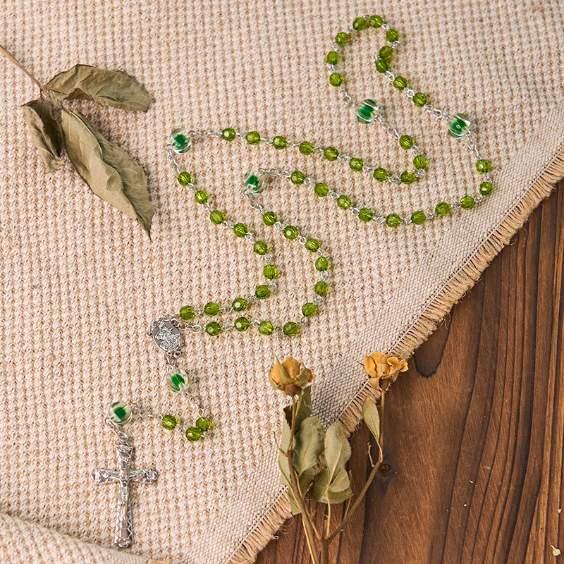 Assumption of Virgin Mary & Crucifix of 6 mm Polyhedron Green Crystal Alloy Chain Rosary