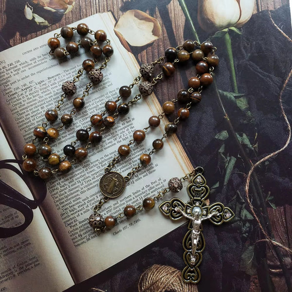 St. Benedict & Crucifix of 8 mm Round Brown Stone Alloy Chain Rosary